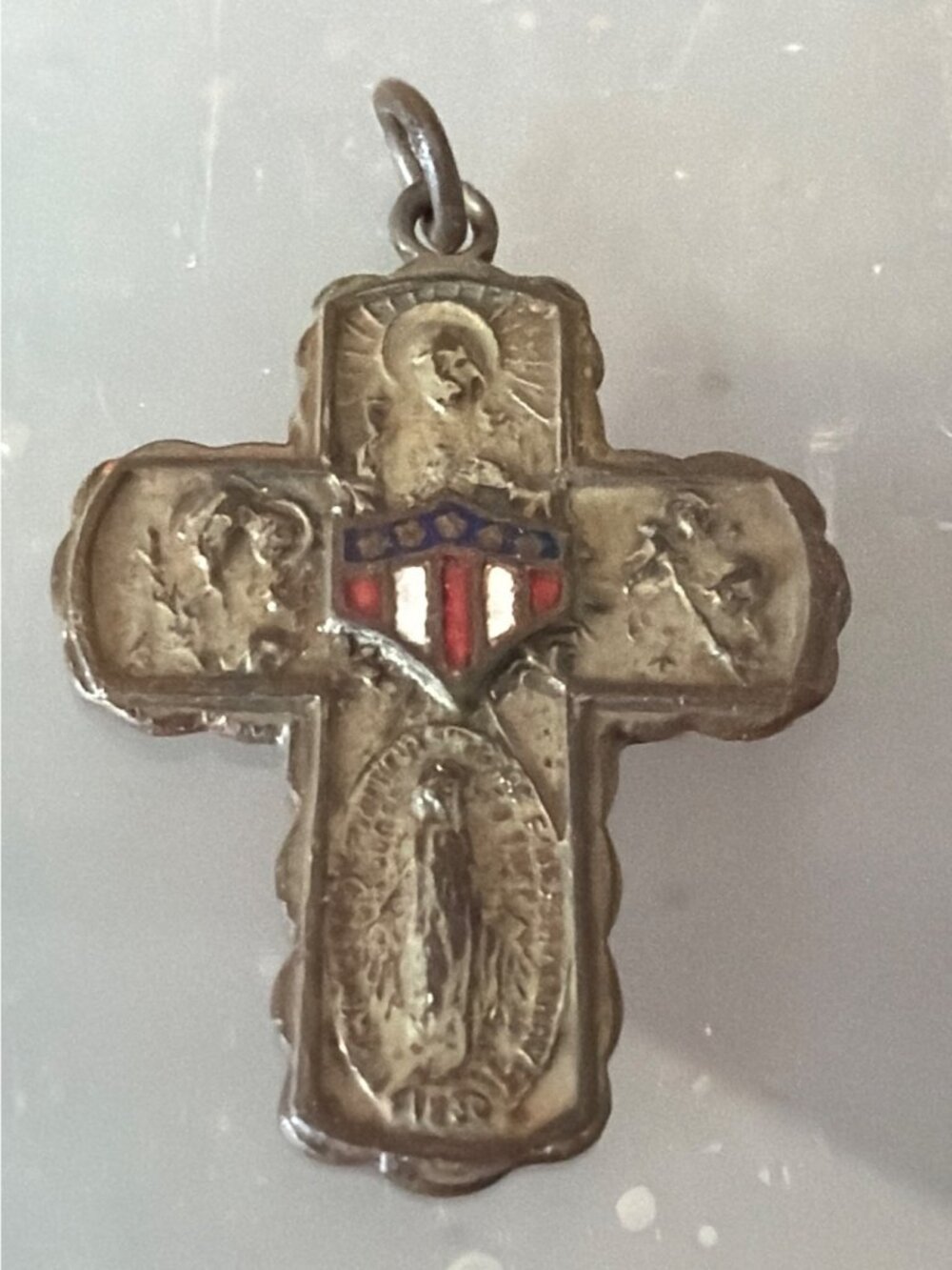 Vintage Enamel WWII Patriotic Catholic 4-Way Cross Medal St Christopher St Josep
